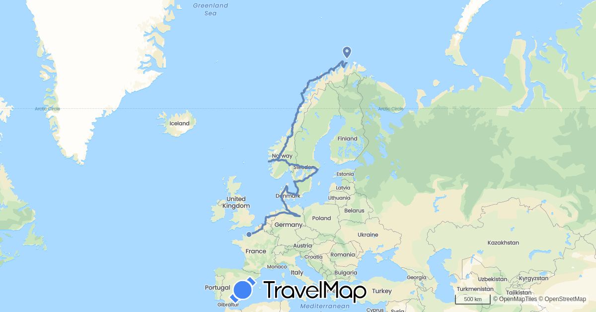 TravelMap itinerary: driving, cycling in Belgium, Germany, Denmark, France, Netherlands, Norway, Sweden (Europe)